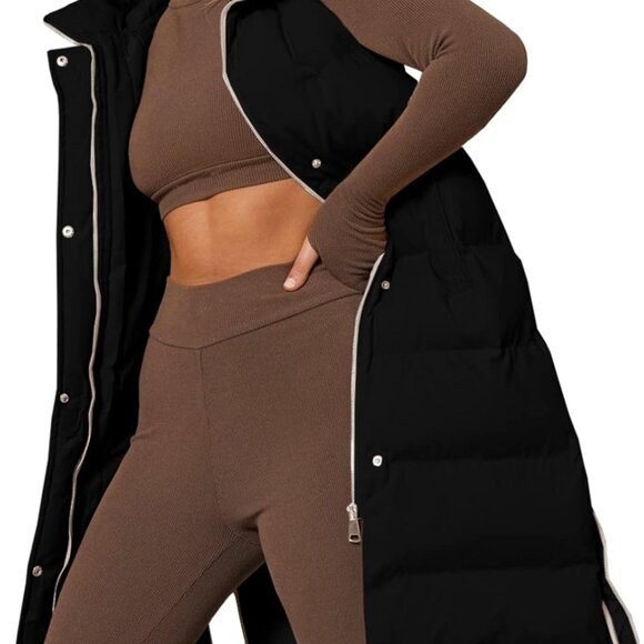 Womens Down Vest with Stand Collar Thick Hooded Sleeveless Long Coats Jacket